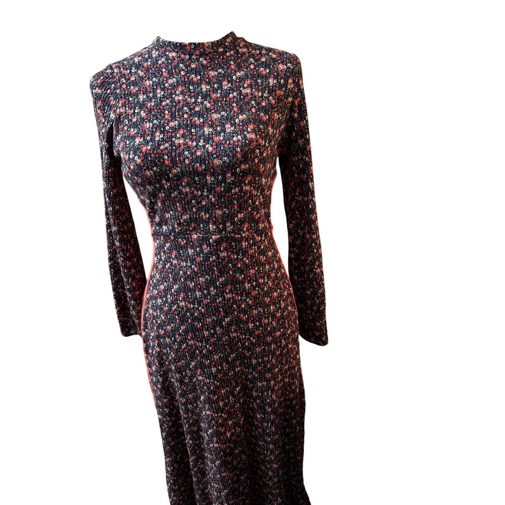 Farm Rio Floral Ribbed Mock Neck Midi Dress, Contrast Panels, Size Large